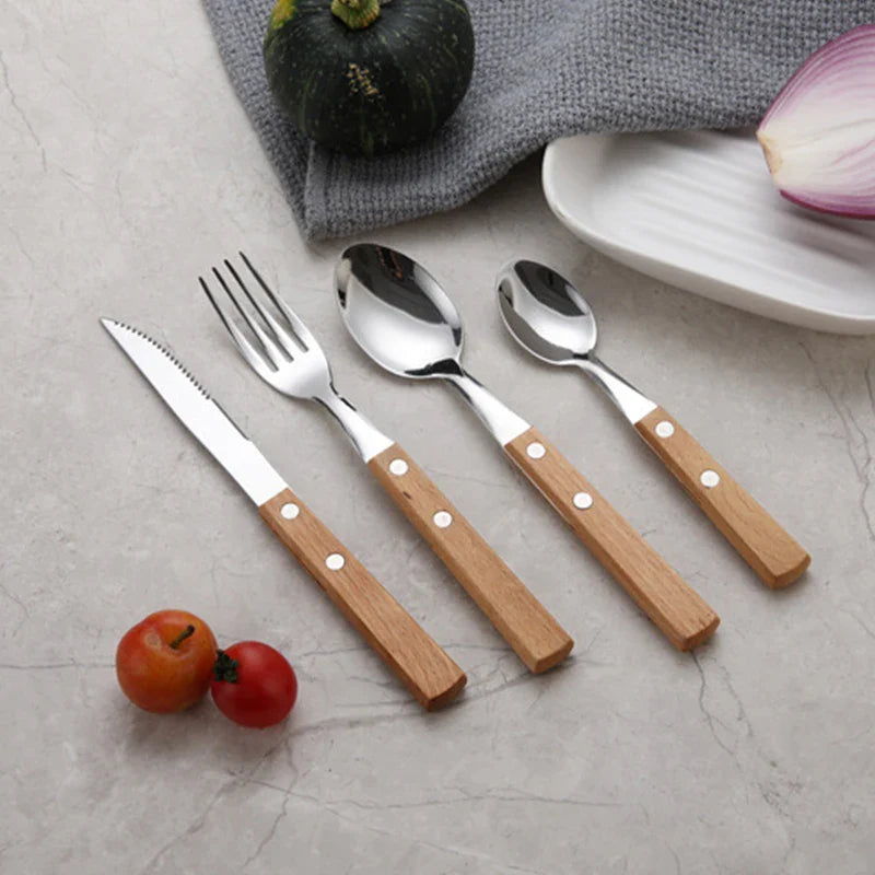 Afralia™ Stainless Steel Cutlery Set with Wood Handle, Dinnerware for Western Food