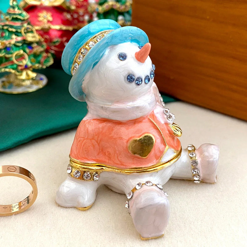 Afralia™ Metal Snowman Trinket Box Hand Painted Crystal Figurine Christmas Home Decor Gift