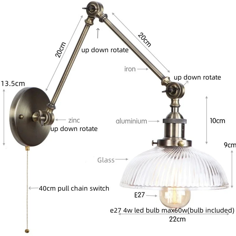 Afralia™ Vintage Clear Glass LED Wall Lamp, Industrial Pull Chain Switch, Adjustable Light Fixtures