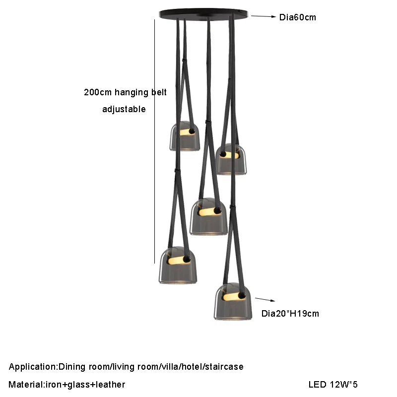 Afralia™ Glass Crystal LED Chandelier Ceiling Light with Leather Strips Suspension Lamp