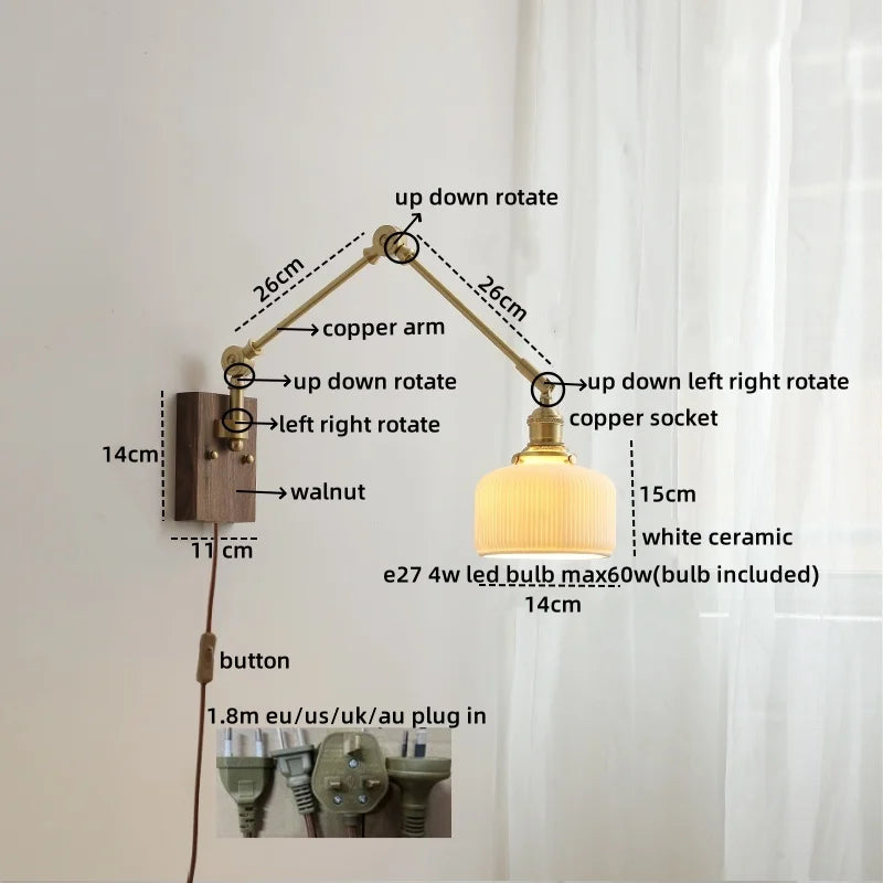 Afralia™ Ceramic Copper Swing Arm LED Wall Lights for Home Decor