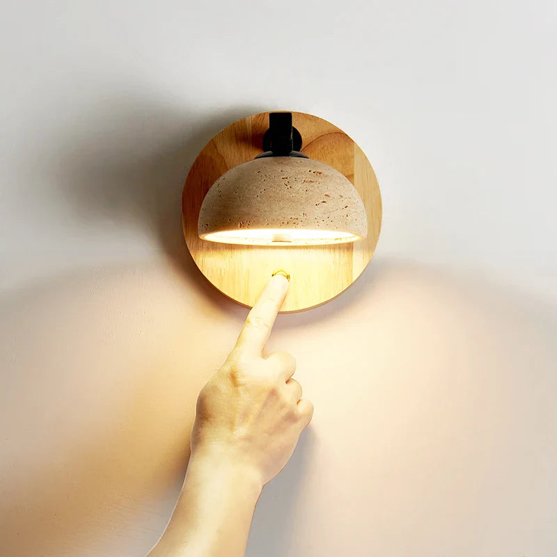 Afralia™ Black Iron LED Wall Light Fixture Coffee Nordic Wood Switch Bedside Lamp