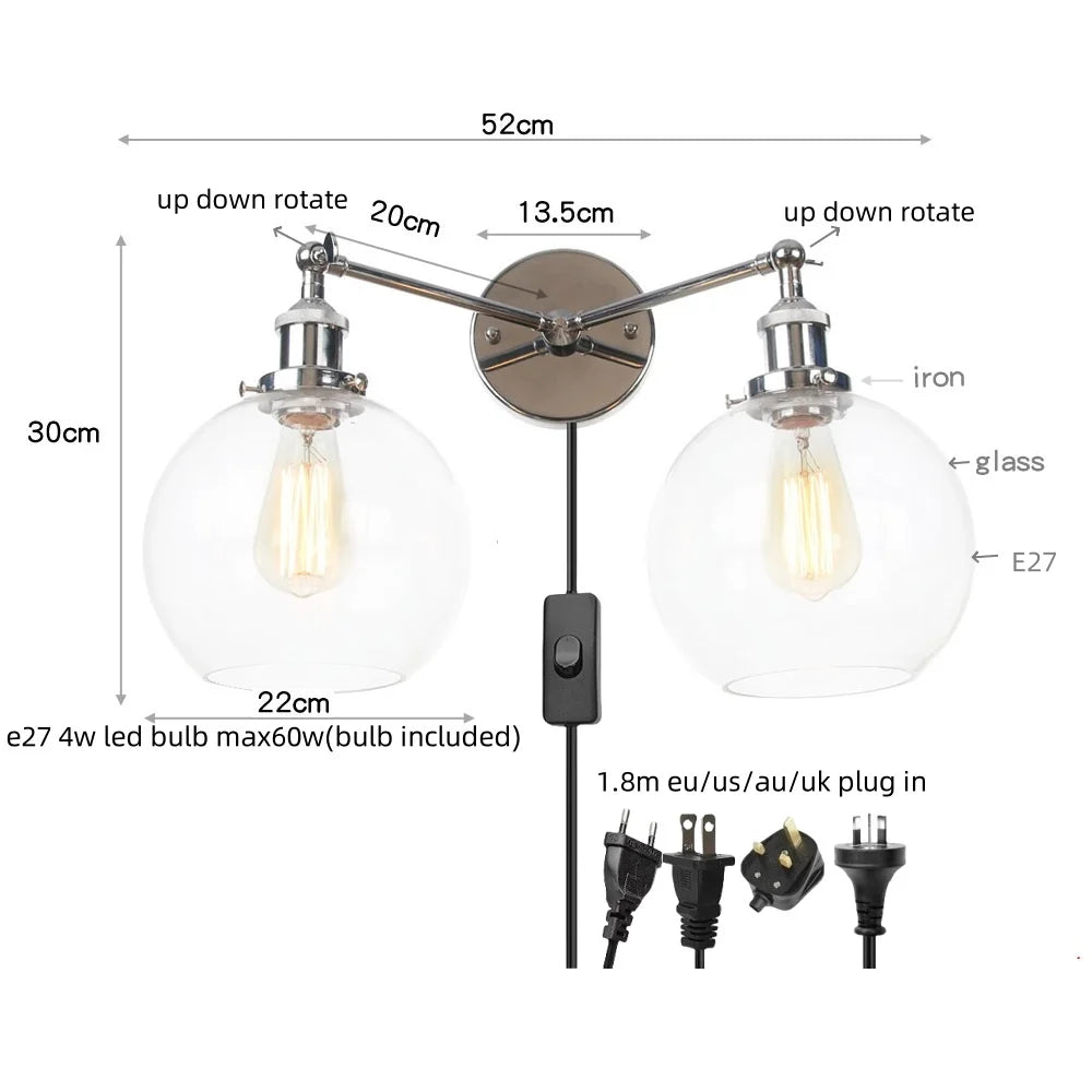 Afralia™ 2 Head LED Wall Lamps Iron Glass Bedroom Stair Light Fixtures