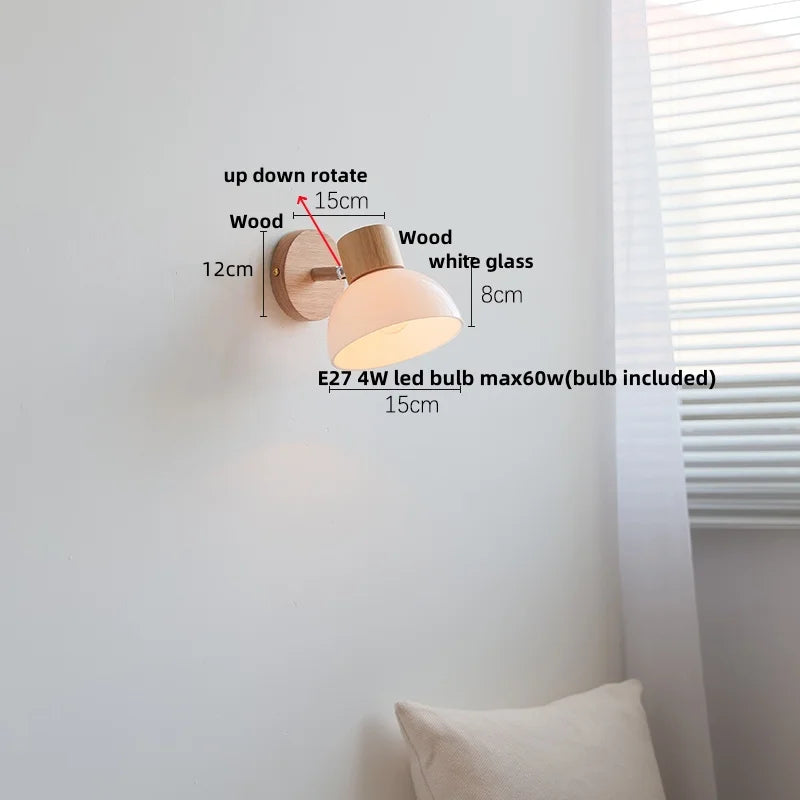 Afralia™ Wood Canopy LED Wall Sconce White Glass Nordic Modern Bedside Lamp