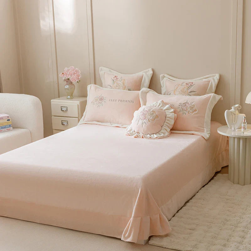 Afralia™ Pink Flowers Princess Bedding Set with Embroidery Ruffles in Milk Velvet