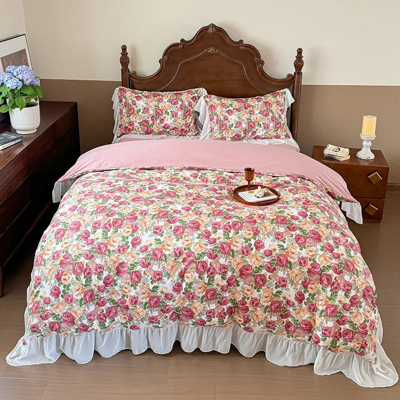 Afralia™ French Flowers Lace Ruffles Princess Bedding Set with Bed Sheet Pillowcases