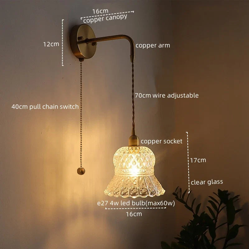 Afralia™ Vintage Copper Glass LED Wall Light with Pull Chain Switch for Dining Room Bedroom