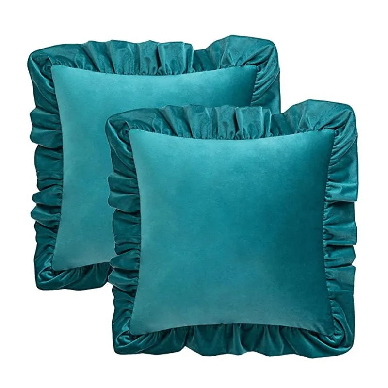 Afralia™ Velvet Ruffle Teal Throw Pillow Covers - Set of 2