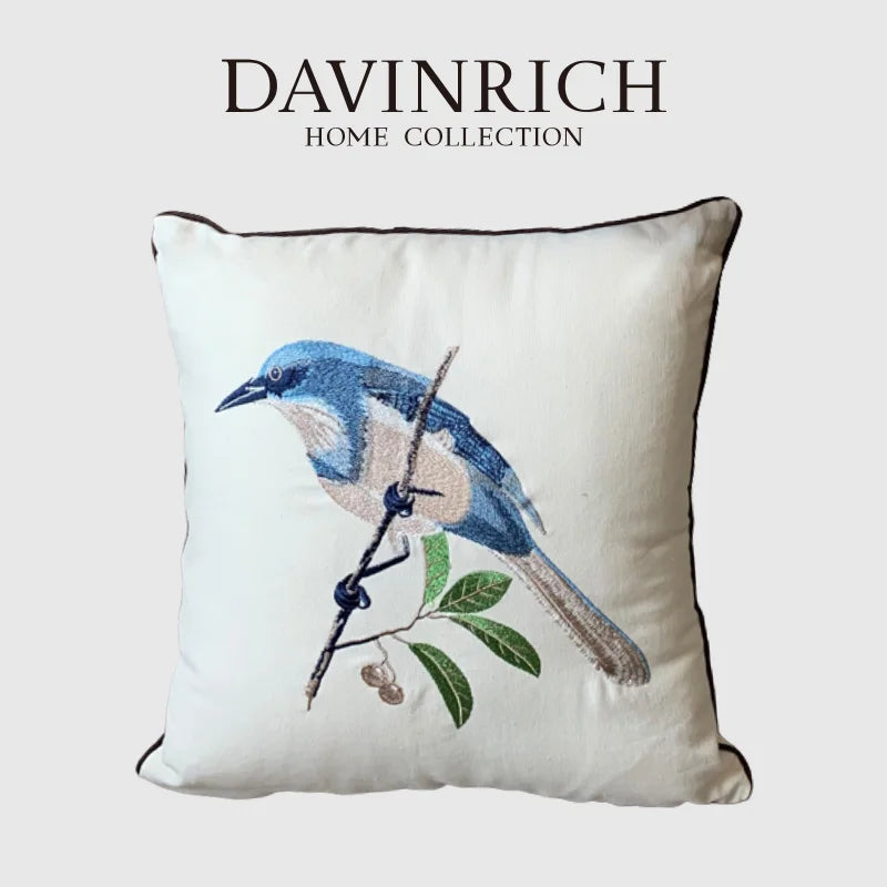 Afralia™ Embroidered Sparrow Bird Pillow Cover - Rustic Farmhouse Decor, 45x45cm