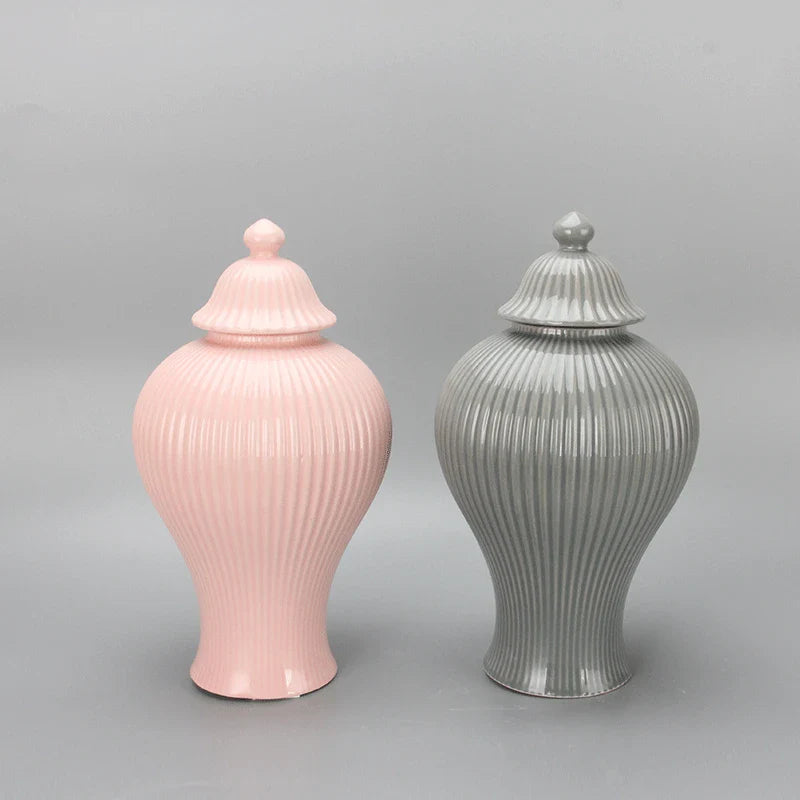 Afralia™ Striped Porcelain Ginger Jar with Lid - Ceramic Home Decor Ornament