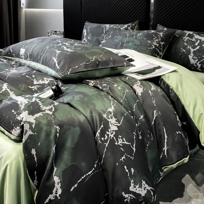 Afralia™ Black Grey Marble Ice Silk Duvet Cover Set - Luxury Cooling Comfort, Nordic Style