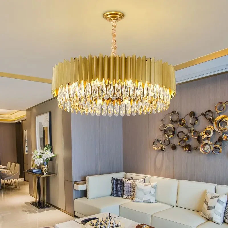 Afralia™ Crystal Chandelier: Black Gold Round LED Pendant Light for Living Room or Bedroom