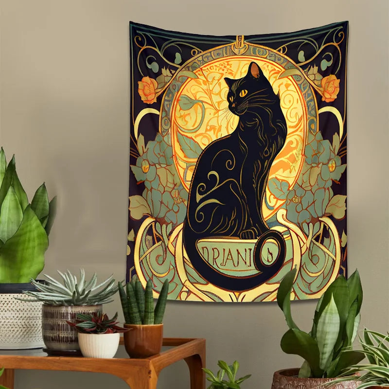 Afralia™ Black Cat Tapestry Wall Hanging Art Nouveau Floral Boho Decor