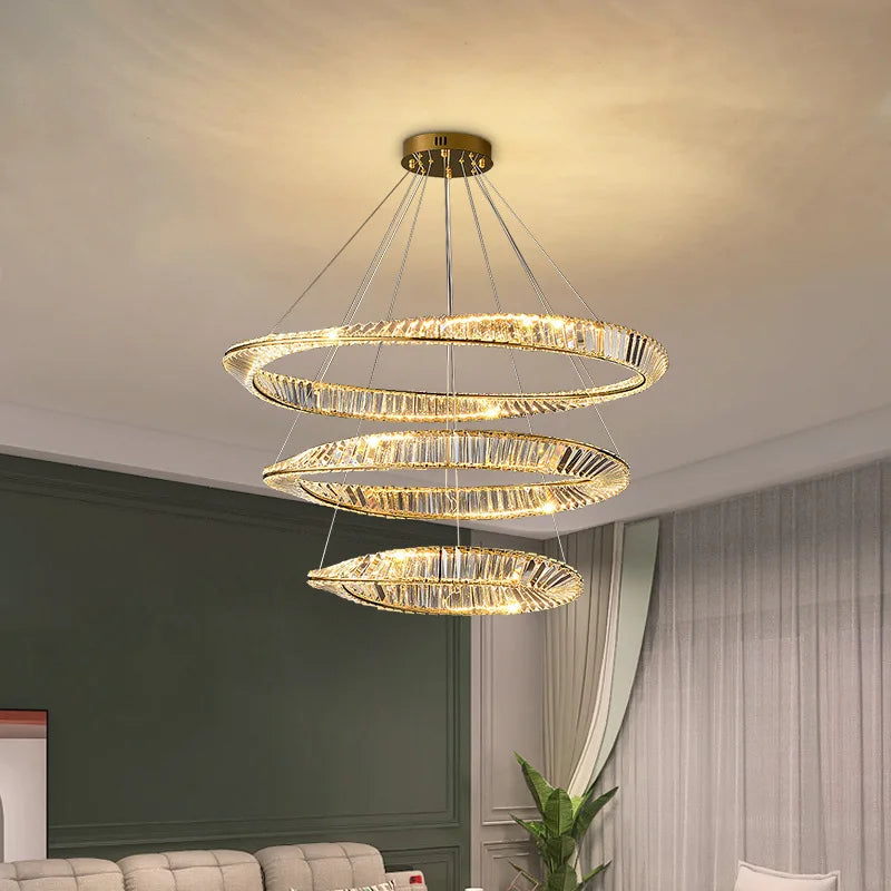 Afralia™ Gold Plated Steel Ring Pendant Lamp with Dimmable LED Lights and K9 Crystals