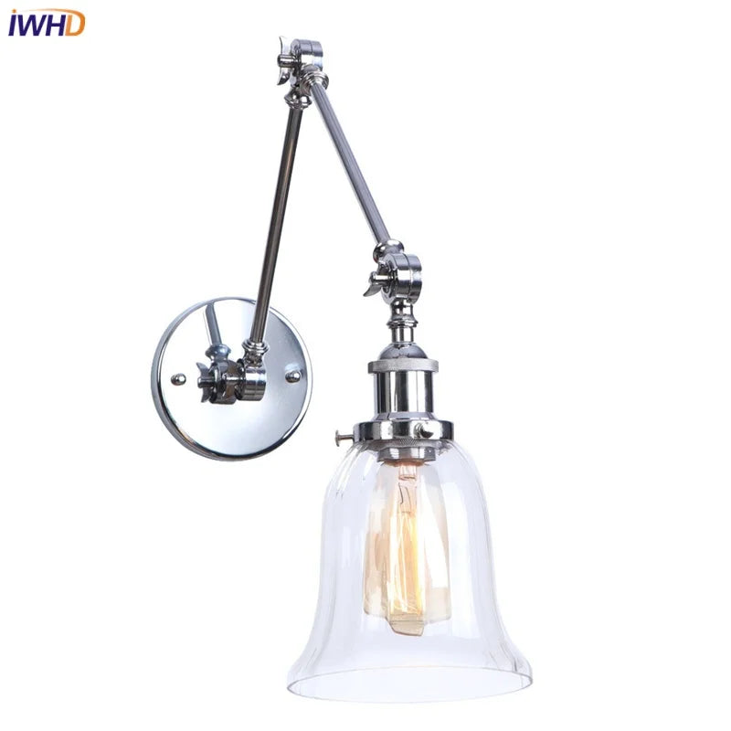 Afralia™ Chrome Industrial LED Wall Sconce Swing Arm Clear Glass Lamp
