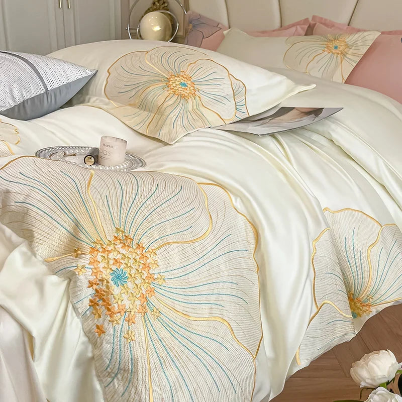 Afralia™ Embroidered Egyptian Cotton Bedding Set for King Queen RU Bed Linens