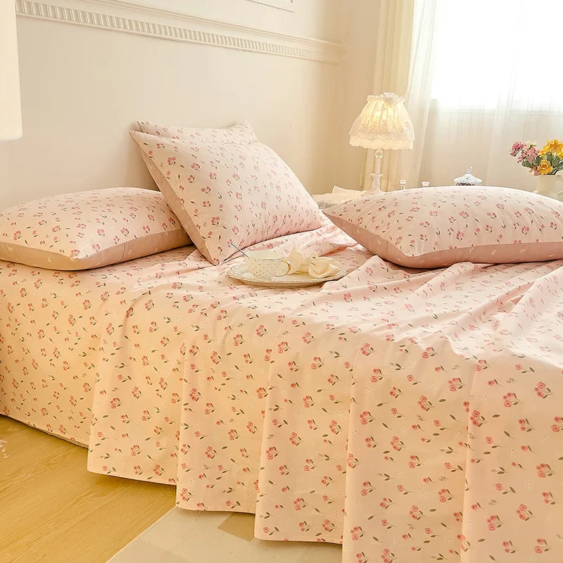 Afralia™ Vintage Plant Floral Cotton Flat Sheet Set with Pillowcases