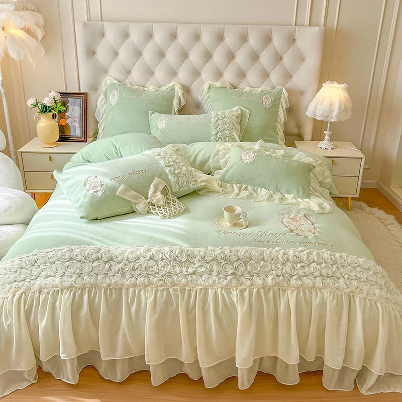 Afralia™ Pink French Rose Velvet Bedding Set with Lace Ruffles & Flowers Embroidery