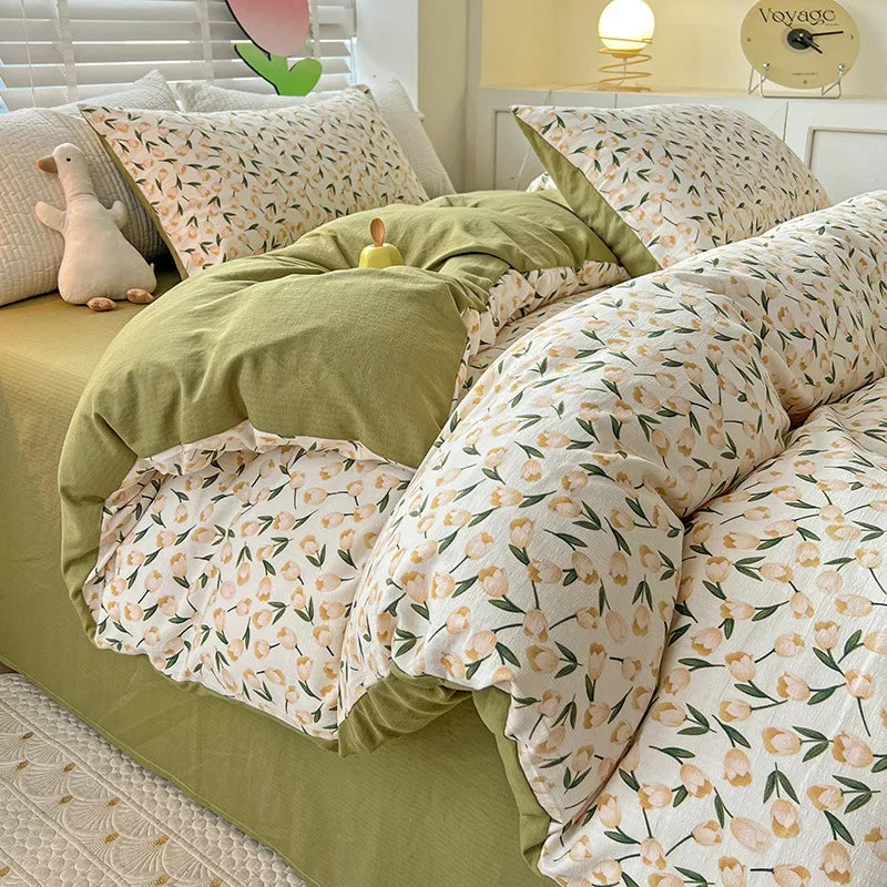 Afralia™ Flower Print Bedding Set 200X230Cm Soft Cotton Duvet Cover Set