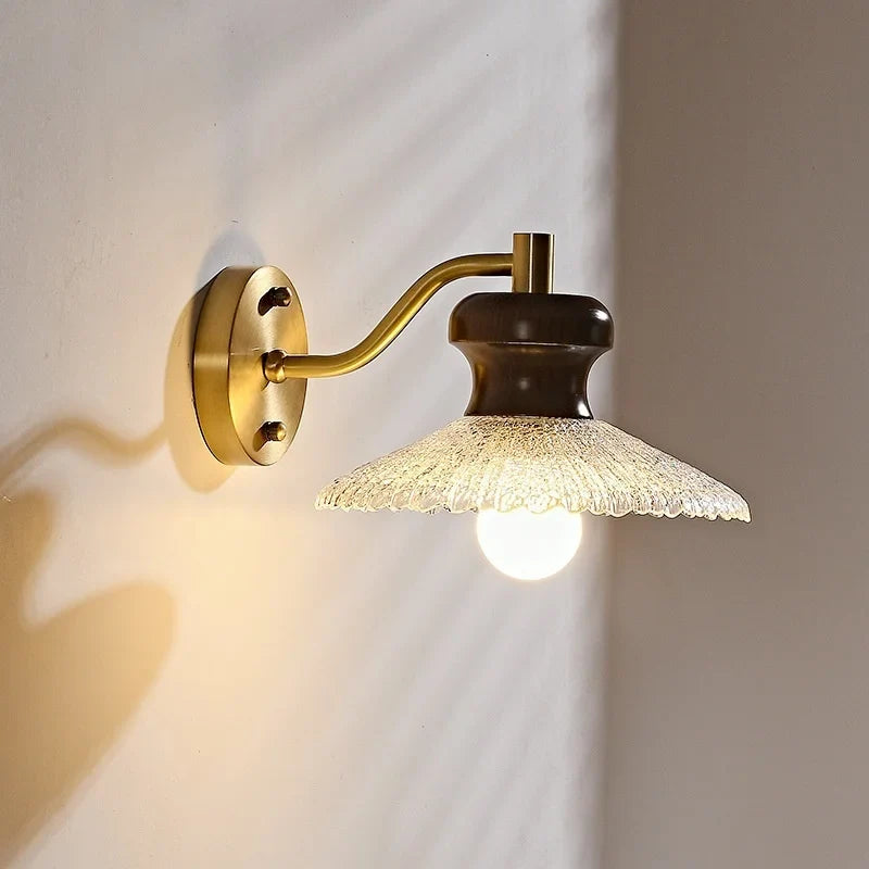 Afralia™ Wood Handled Copper Arm LED Wall Light - Vintage Bedside Lamp