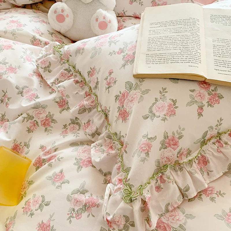 Afralia™ Floral Lace Ruffles Girl Bedding Set with Quilt/Duvet Cover, Sheet & Pillowcases