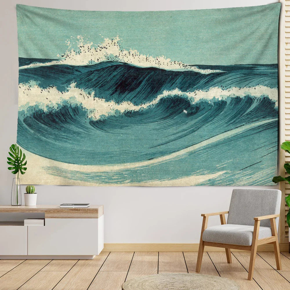 Afralia™ Blue Wave Oil Painting Tapestry Wall Hanging for Bohemian Style Room Decor