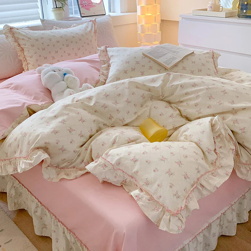 Afralia™ Floral Lace Ruffles Girl Bedding Set with Quilt/Duvet Cover, Sheet & Pillowcases