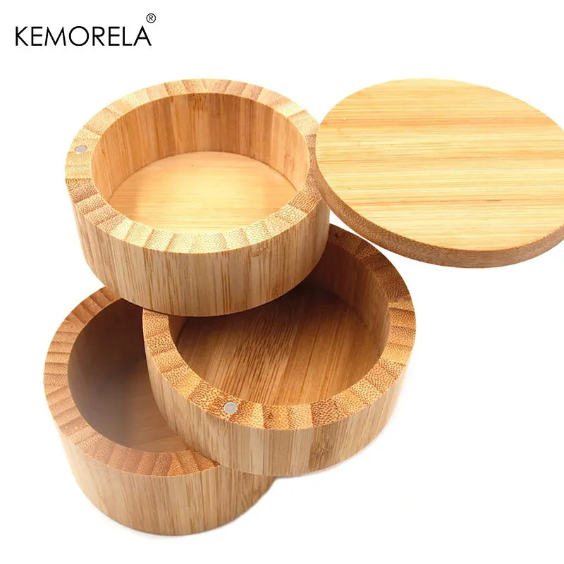 Afralia™ Round Bamboo Salt Box | 3-Tier Spice Storage Container