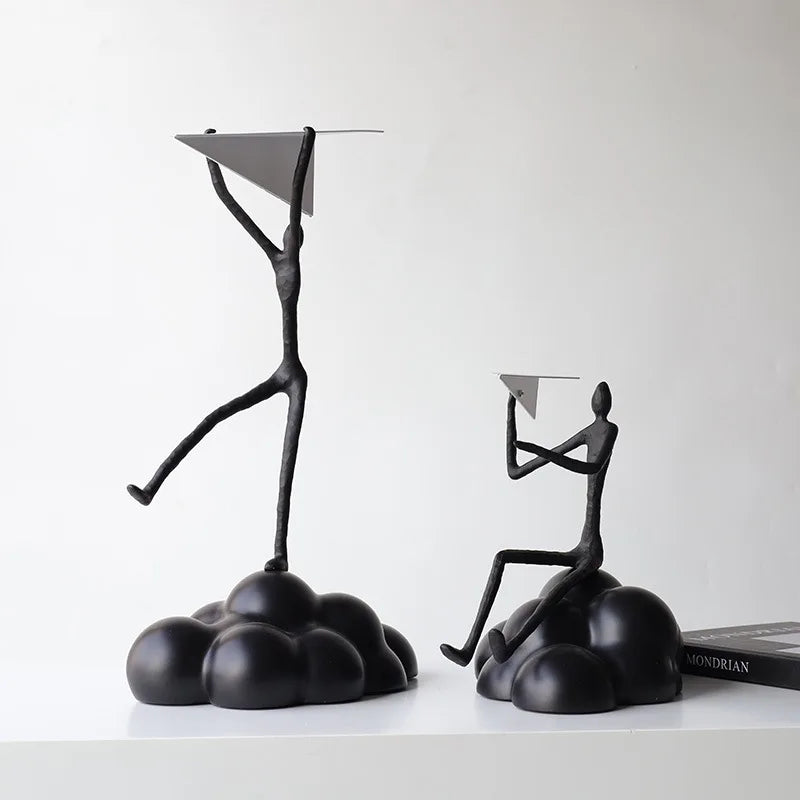 "Afralia™ Resin Paper Airplane Cloud Figure for Home Decor - Black Cartoon Abstract Figurine"