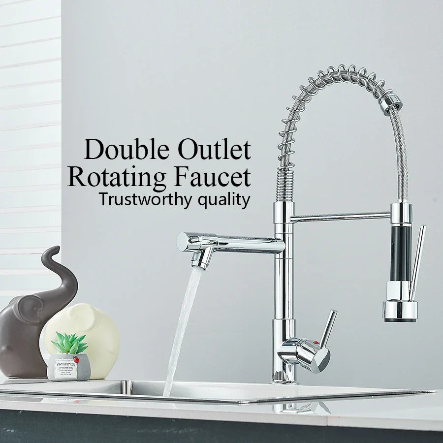 Afralia™ Dual Spout Brass Kitchen Sink Faucet with 360° Rotation - Chrome