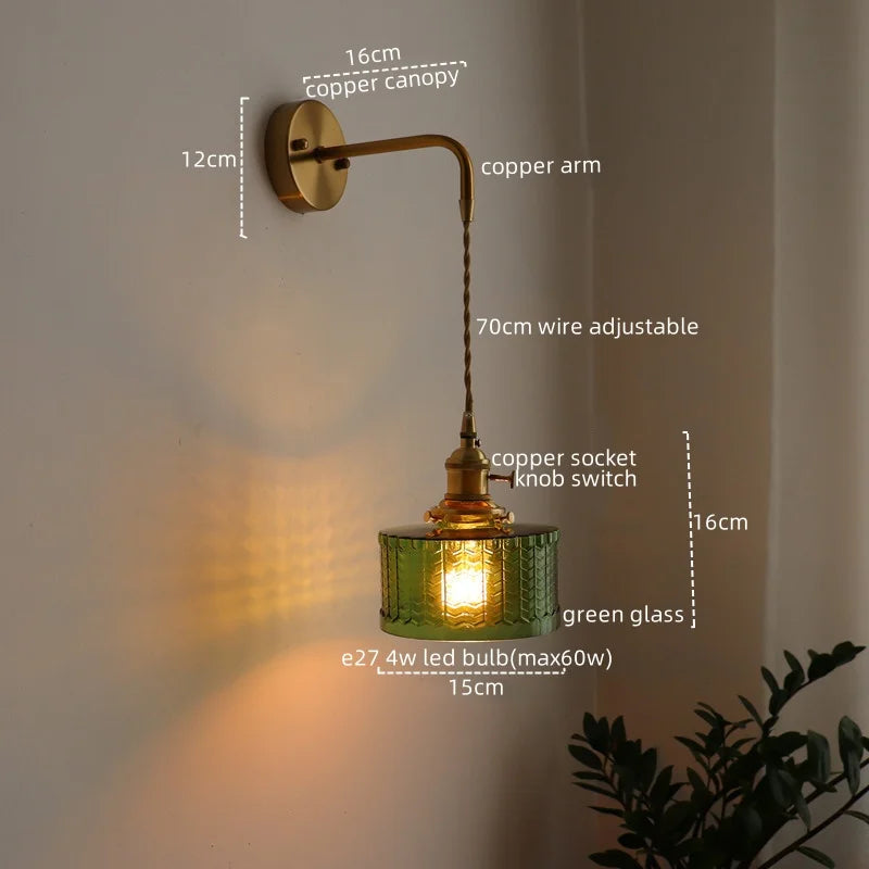 Afralia™ Vintage Green Glass Copper LED Wall Lights Pull Chain Switch Hallway Bedroom Balcony Wall Lamp