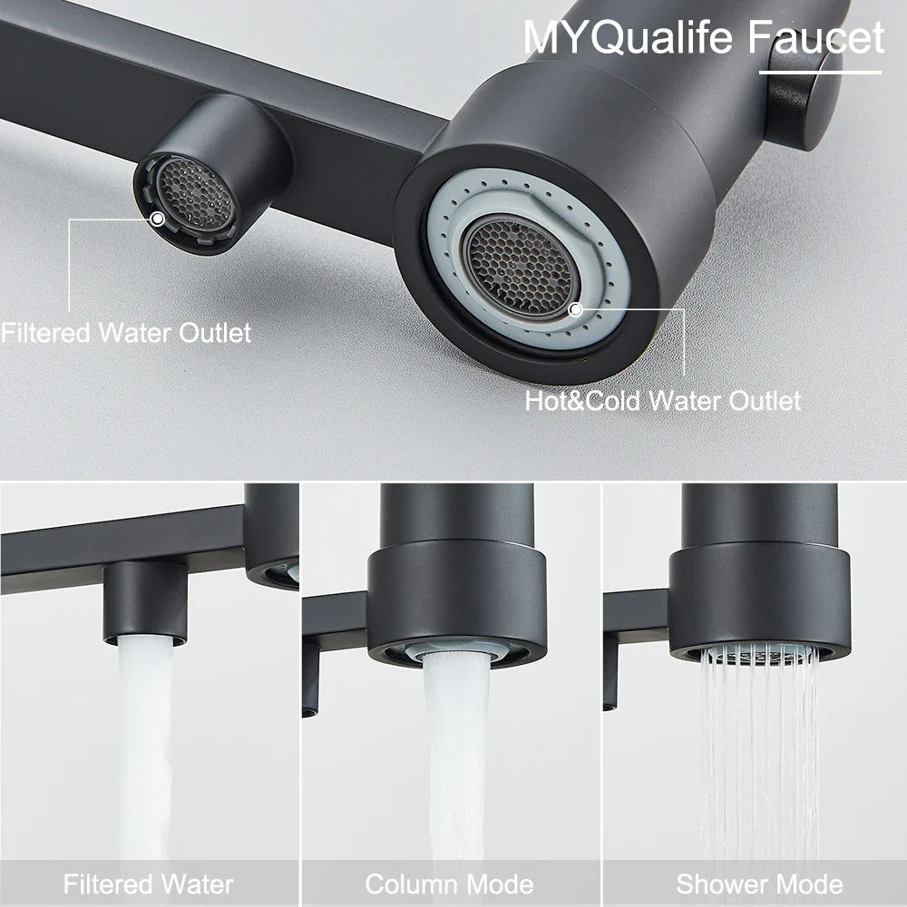Afralia™ Matte Black Water Filter Kitchen Faucet Dual Handle Hot&Cold Drinking Pure Mixer