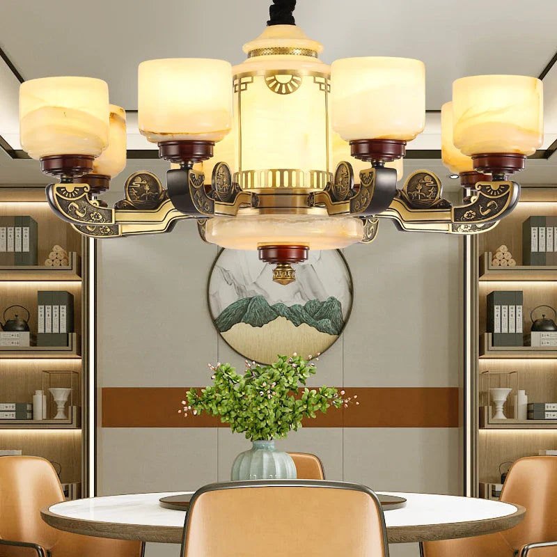 Afralia™ All Copper Jade Chandelier | Chinese Style Living Room Dining Room Lighting