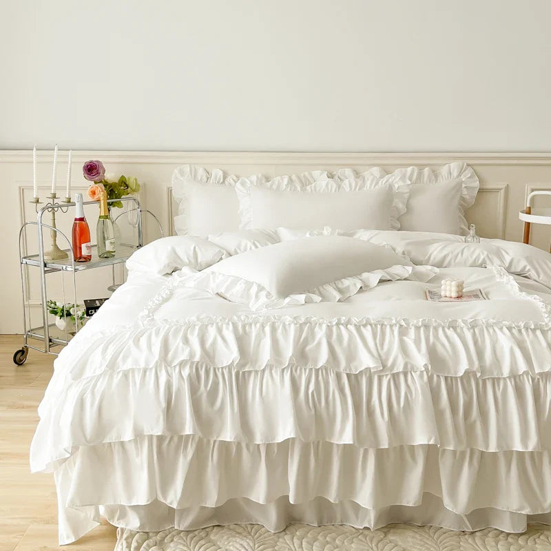 Afralia™ Lace Ruffle Princess Bedding Set with Bed Skirt & Pillowcases
