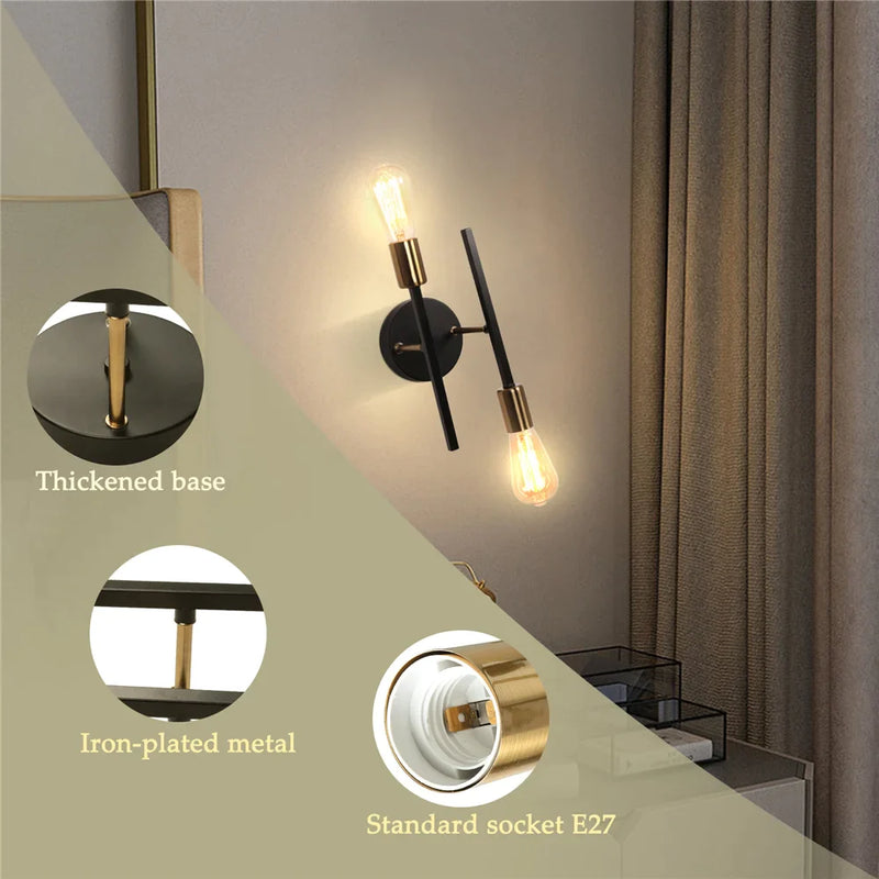 Afralia™ Modern Black Golden Wall Sconce 2-Heads Ceiling Lighting for Bedroom & Living Room