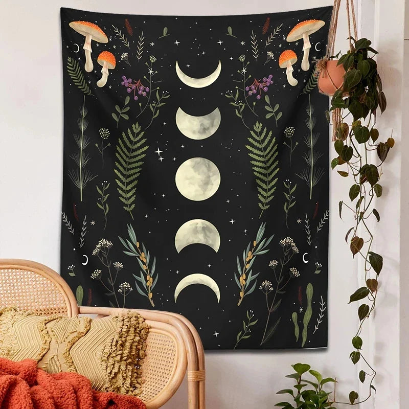 Moon Phase Mushroom Botanical Tapestry by Afralia™ for Boho Home Decor