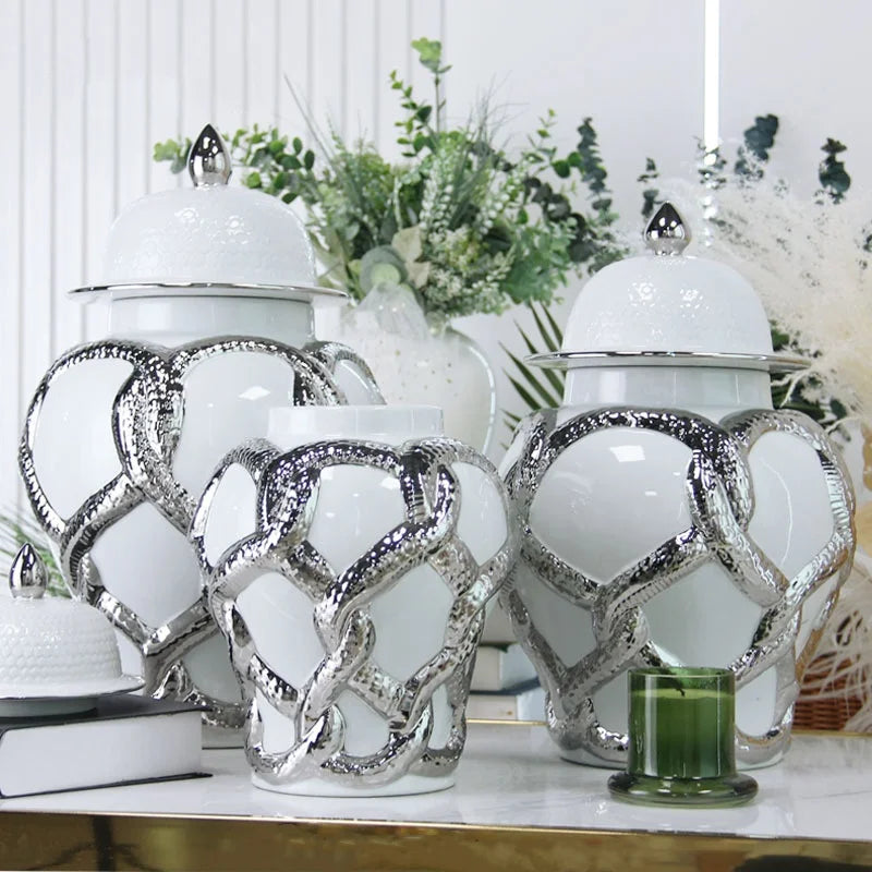 Afralia™ Checkmate Ceramic Jar with Gold Cross Cord, Porcelain Flower Vase and Storage Tank