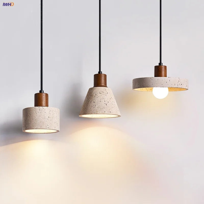 Afralia™ Yellow Travertine LED Pendant Lights Wood Wire Adjustable Indoor Decor Hang Lamp