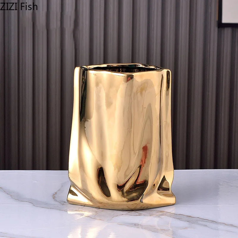 Afralia™ Gold Plated Pleated Texture Ceramic Vase for Desk Decor and Flower Arrangements