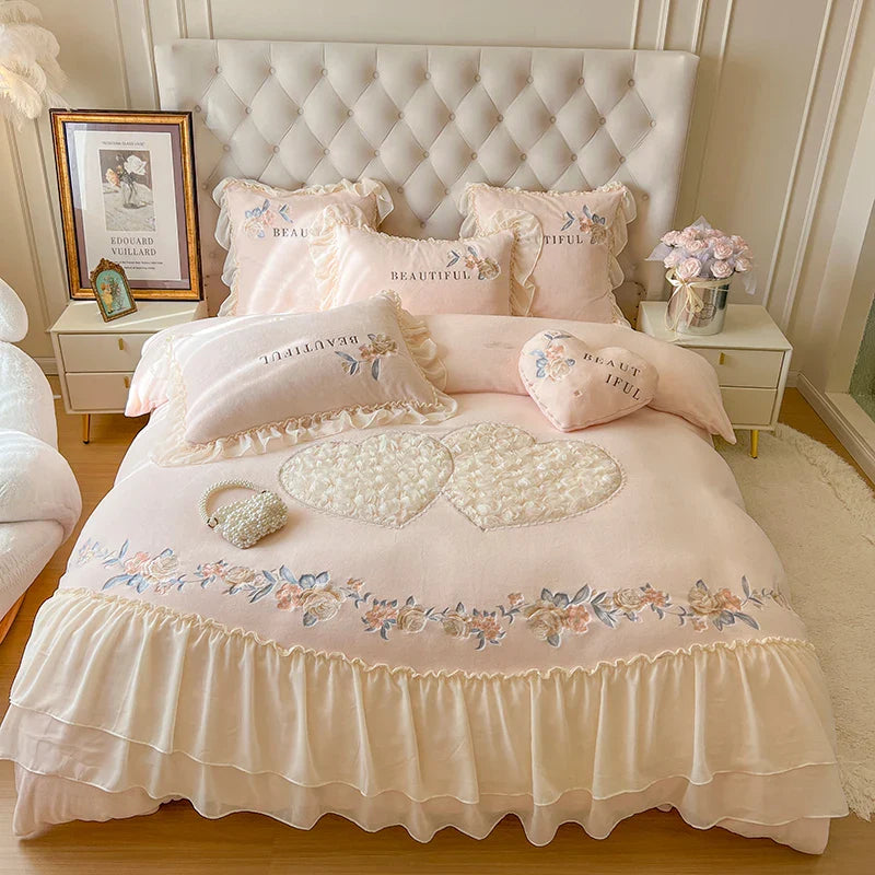Afralia™ Pink Princess Lace Ruffle Bedding Set with Rose Embroidery, Fleece Duvet Cover, Sheet, Pillowcase