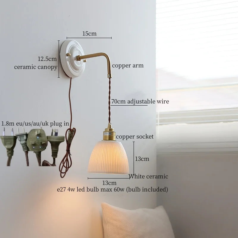 Afralia™ Pleats Ceramic LED Sconce Lamp with Adjustable Copper Arm for Bedroom Bathroom Mirror