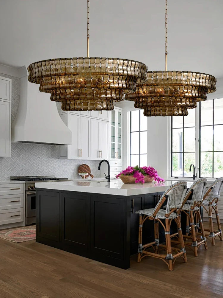 Afralia™ Brown Glass Pendant Lights for Dining Table Chandelier, Oval Clear Round Suspension Lamp