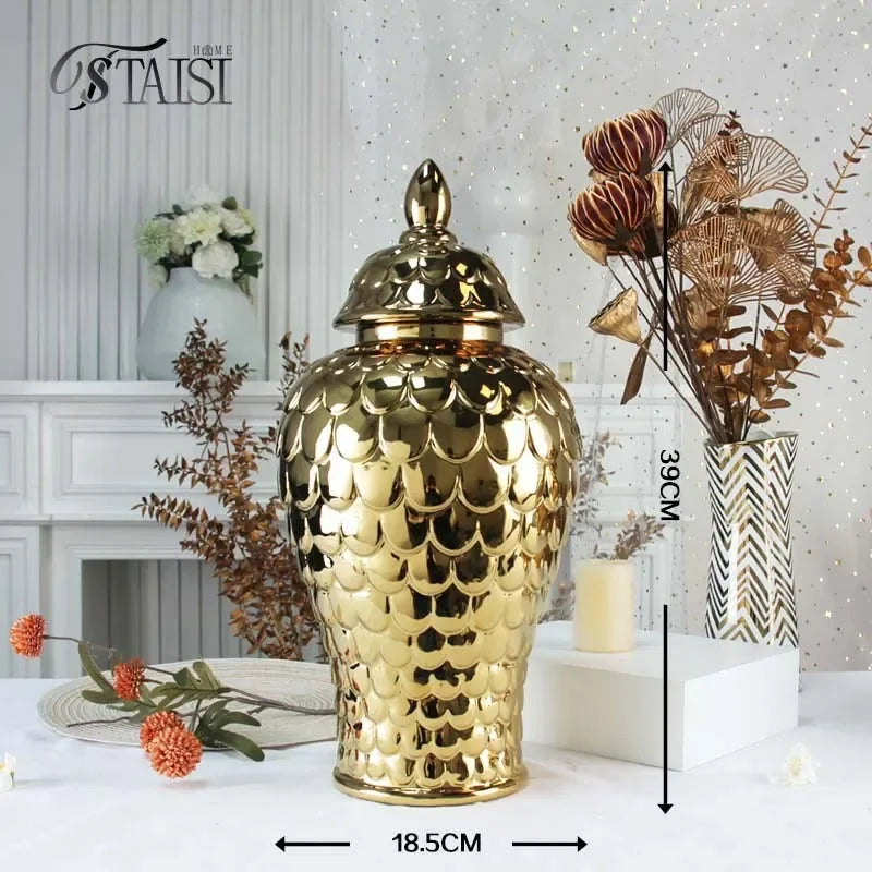 Afralia™ Geometric Golden Porcelain Jar - Home Decor Vase & Storage Tank