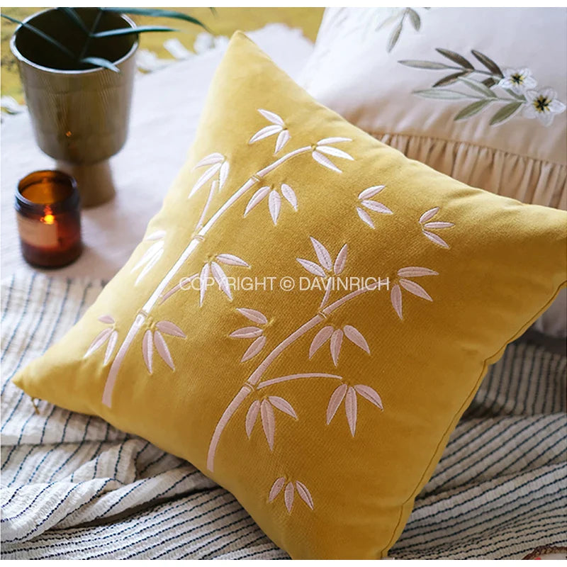 Afralia™ Bamboo Embroidery Yellow Patchwork Art Throw Pillow Cover 45x45cm