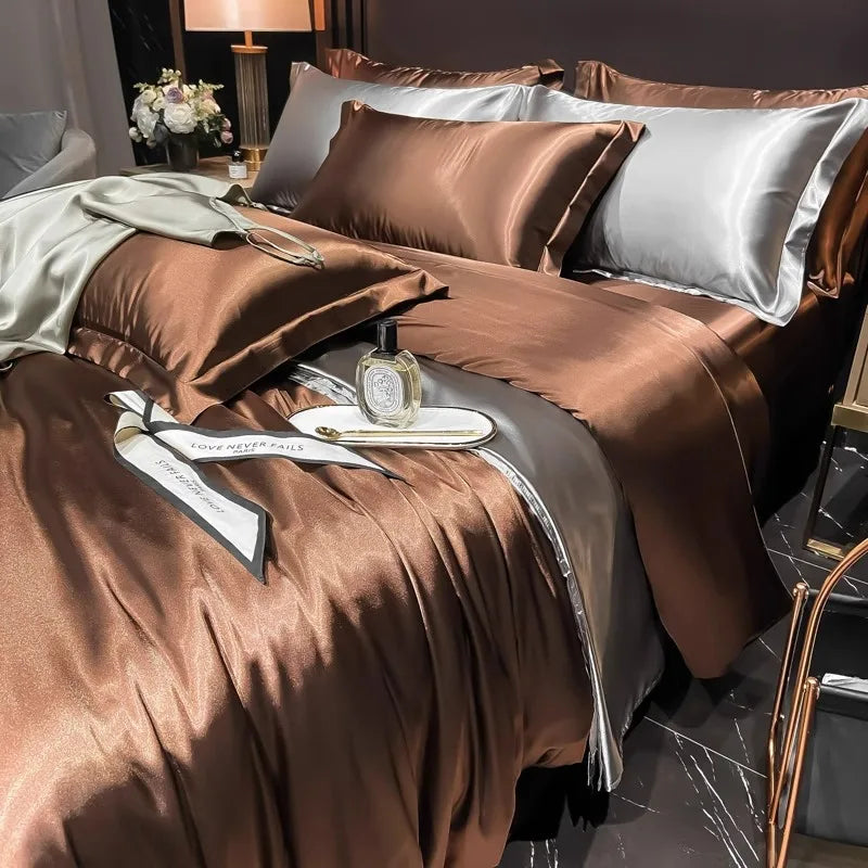 Afralia™ Silk Bedding Set: Mulberry Silk Duvet Set with Fitted Sheet, King or Queen Size