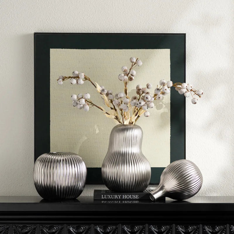 Afralia™ Silver Ceramic Vase with Fruits and Geometric Stripes