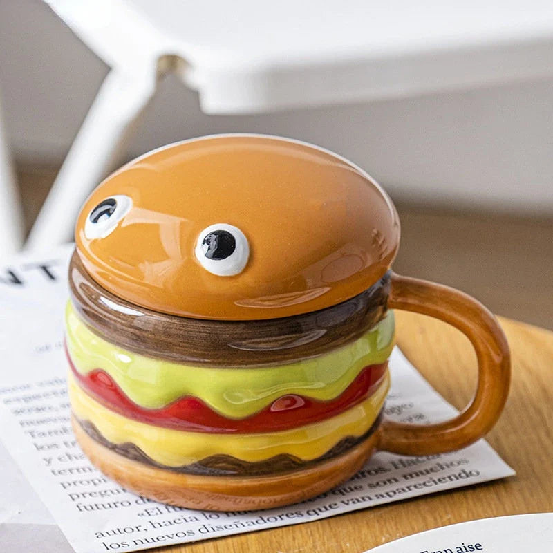 Afralia™ Ceramic Hamburger Coffee Cup with Lid, Cute Cartoon Children's Mug