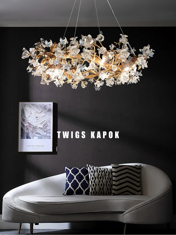 Afralia™ LED Crystal Pendant Chandelier with Handmade Kapok Flower Glass Branches