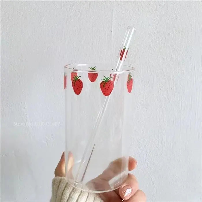 Afralia™ Kawaii Strawberry Glasses Cup with Straws - Cute Clear Juice Mug