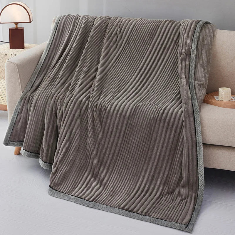 Afralia™ Solid Stripe Faux Rabbit Blanket Flannel for All Seasons, Single Double Bed